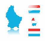 Luxembourg  map including: map with reflection, map in flag colors, glossy and normal flag.