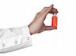 A doctor holds a vial full of red liquid. Isolated on white.