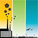 ecology illustration with factory and flower on color background