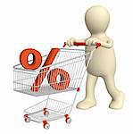 3d puppet with symbol of percentage in shopping cart