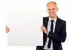 happy business man with white card over a white background