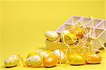 Yellow Easter eggs with a box. Shallow dof, copy space