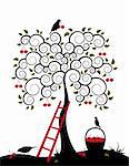 vector cherry tree, ladder, birds and basket of cherries on white background, Adobe Illustrator 8 format