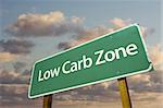 Low Carb Zone Green Road Sign In Front of Dramatic Clouds and Sky.