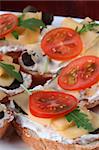 Delicious appetizers with cheese, cream cheese spread and vegetables