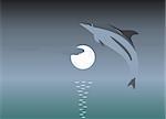 Illustration of a jumping dolphin over a moonlight - vector