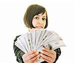 glückliche junge geschäftsfrau isoliert auf weiß spielen mit Dollar Geld und Erfolg in der Finanzierung darstellt