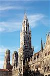 The Neues Rathaus in Munich, Germany, with a Christmas tree in front. Focus on Tower