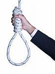 A man on a suit holds a hangman's noose isolated over a white background.