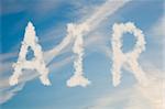 An illustration of the text air made up of white puffy clouds to represent environmental issues or carbon footprint.