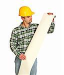 young manual worker with long white paper list