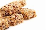 Several Granola Bars Isolated on a White Background with Narrow Depth of Field.