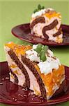 Refreshing and unbelievably light chocolate sponge cake with peach mousse