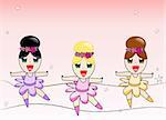 Three cute ballerinas on pink background. Editable Vector Image