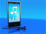 3d illustration of mobile phone playing music, over blue background