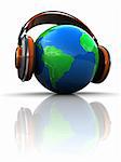 3d illustration of earth globe with headphones, global broadcasting concept