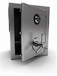 3d illustration of steel safe with opened door, over white background