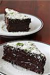 Chocolate cake garnished with coconut and Matcha green tea powder