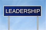 A blue road sign with white text saying Leadership