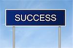 A blue road sign with white text saying Success