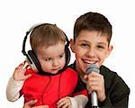 Two brothers are singing; isolated on the white background