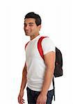Ethnic male mixed race student standing with a backpack rucksack on his back and smiling