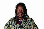 Man with dreadlocks laughing out loud, isolated on white