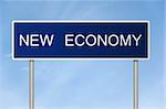A blue road sign with white text saying New Economy