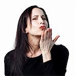 Attractive older woman blowing a kiss, isolated image