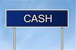 A blue road sign with white text saying Cash