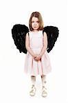 Angel little girl crying on isolated white background