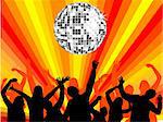 vector illustration of young people silhouettes on an abstract disco background with silver mirrow ball