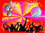vector illustration of young people silhouettes on an abstract disco background with silver mirrow ball