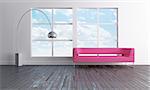 Luminous and minimal open space with pink sofa