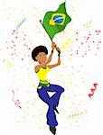 Black Girl Brazil Soccer Fan with flag. Editable Vector Illustration