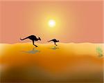 Silhouettes of two running kangaroos on desert in Australia in a hot sunny day