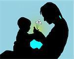 Silhouette of mother and the child with a flower in hands on a blue background