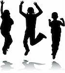 Children jump, happy kids, vector black & white