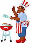 Funny Man with Uncle Sam Hat cooking A Hamburgers On A Barbecue Bbq Grill