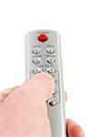 Hand holding  remote control. Isolated over white background .
