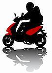 Vector drawing kid on scooter. Silhouette on white background