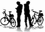 Vector drawing silhouettes cyclists on rest. Silhouette on white background