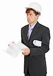 Builder - engineer ponders the project, isolated on a white background
