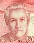 Gabriela Mistral (1889-1957) on 5000 Pesos 2009 Banknote from Chile. Chilean poet, educator, diplomat and feminist who was the first Latin American to win the Nobel Prize in Literature, in 1945.