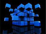 abstract 3d illustration of blue cube assembling from blocks