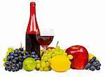 Still life - a bottle of red wine and fruits isolated on white background