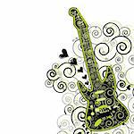 Illustration of a guitar wirh hearts and swirls. Can be used as an event poster.