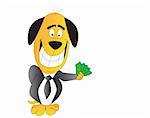 Comic illustration of a smiling dog with money