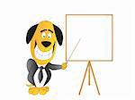 Comic illustration of a smiling dog with blank board