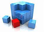 3d illustration of cube construction blocks and one red color